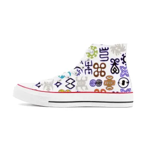ADINKRA HIGH TOP CANVAS SHOES - WHITE SNEAKERS WITH MULTICOLOR PRINT