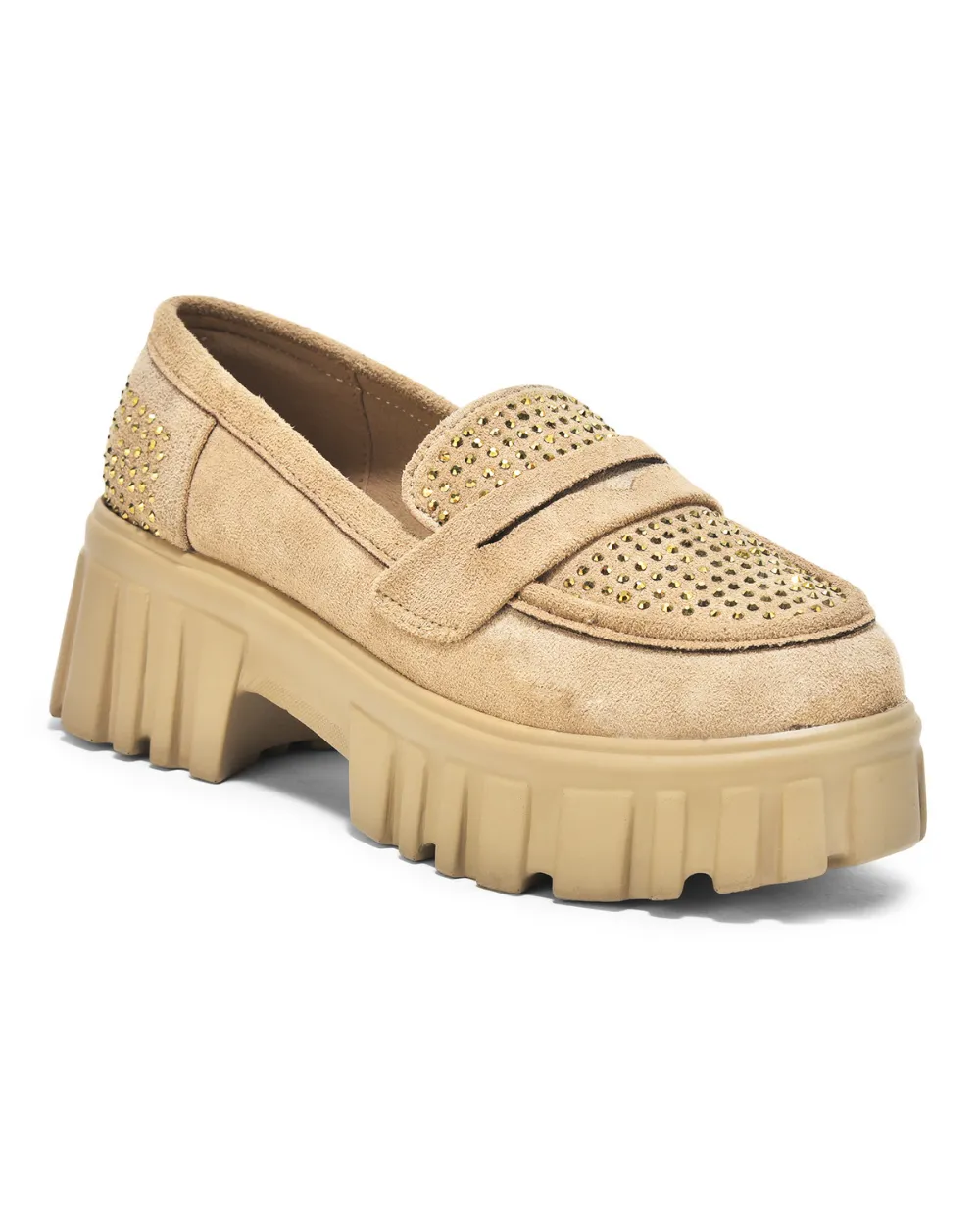 Beige Slip-on Suede Embellished Loafer