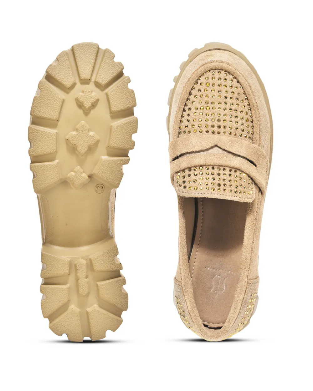 Beige Slip-on Suede Embellished Loafer