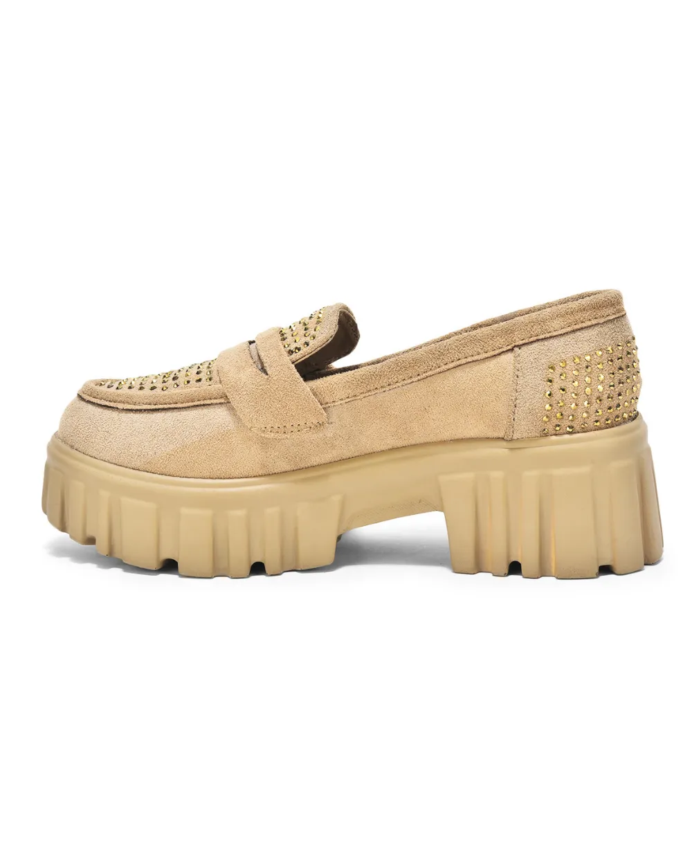 Beige Slip-on Suede Embellished Loafer