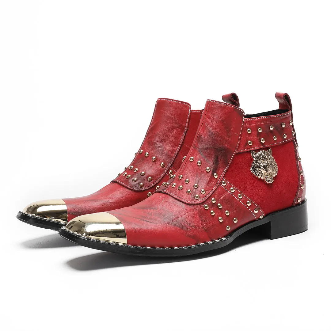 Cowhide high-heeled short boots men's boots low-heeled red square head solid color single boots cotton shoes velvet autumn and winter boots western cowboy
