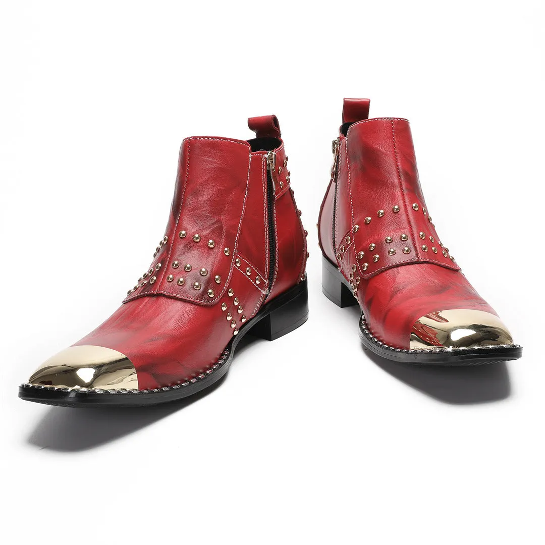 Cowhide high-heeled short boots men's boots low-heeled red square head solid color single boots cotton shoes velvet autumn and winter boots western cowboy