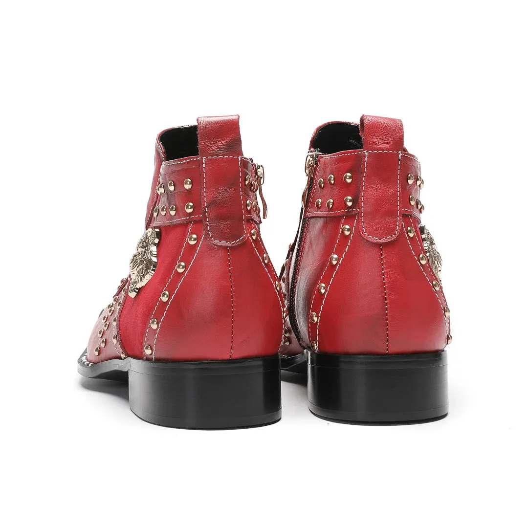 Cowhide high-heeled short boots men's boots low-heeled red square head solid color single boots cotton shoes velvet autumn and winter boots western cowboy