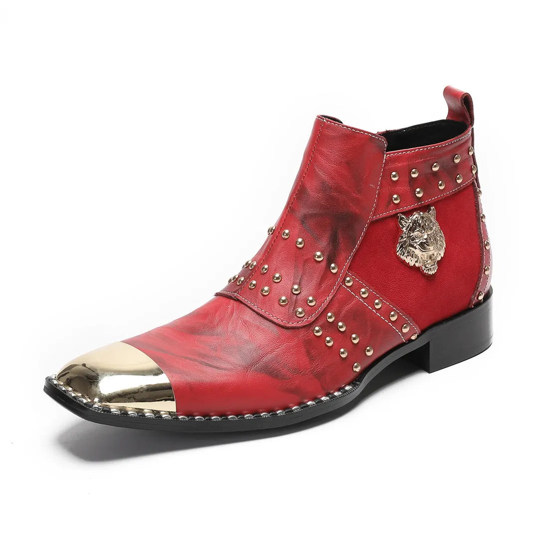 Cowhide high-heeled short boots men's boots low-heeled red square head solid color single boots cotton shoes velvet autumn and winter boots western cowboy