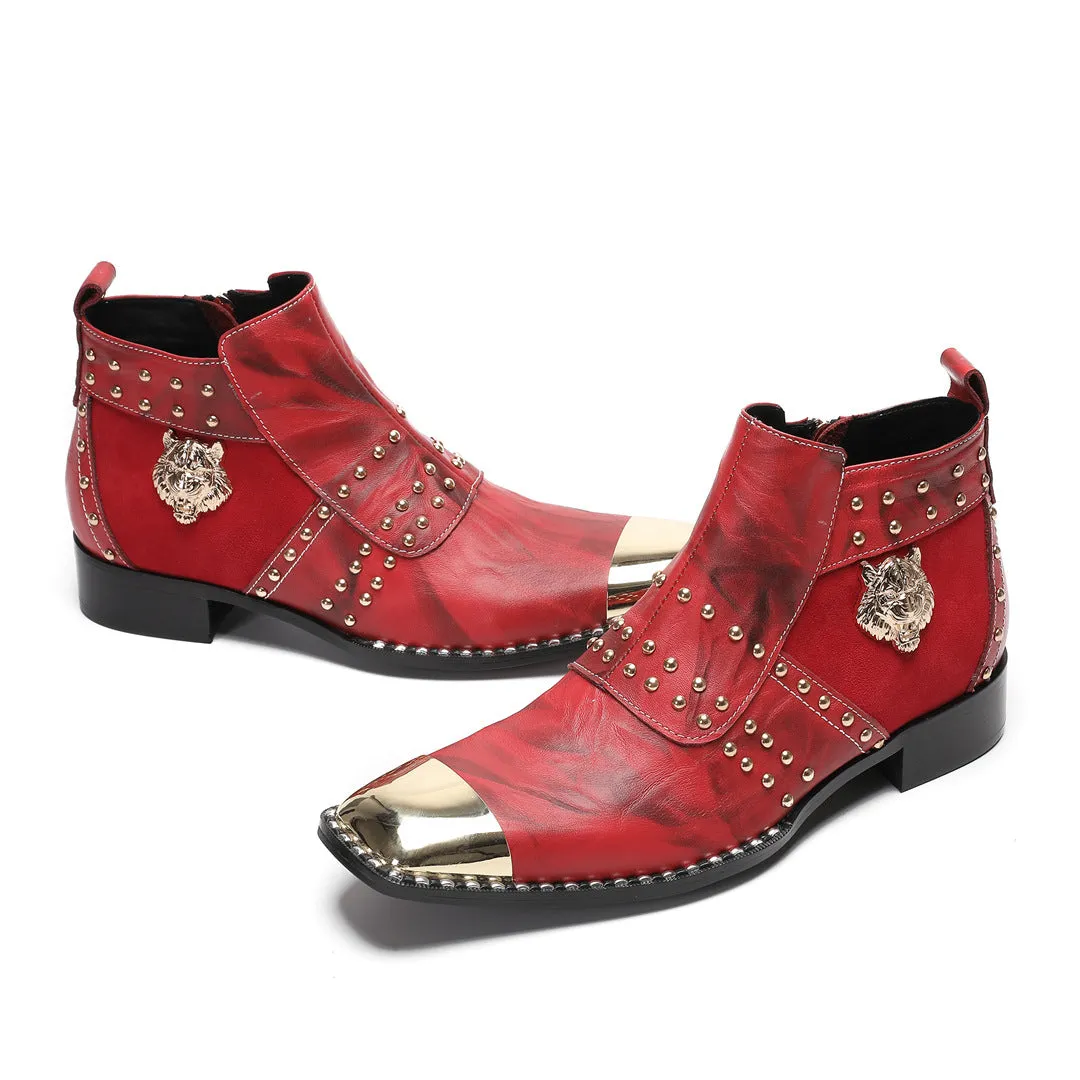 Cowhide high-heeled short boots men's boots low-heeled red square head solid color single boots cotton shoes velvet autumn and winter boots western cowboy
