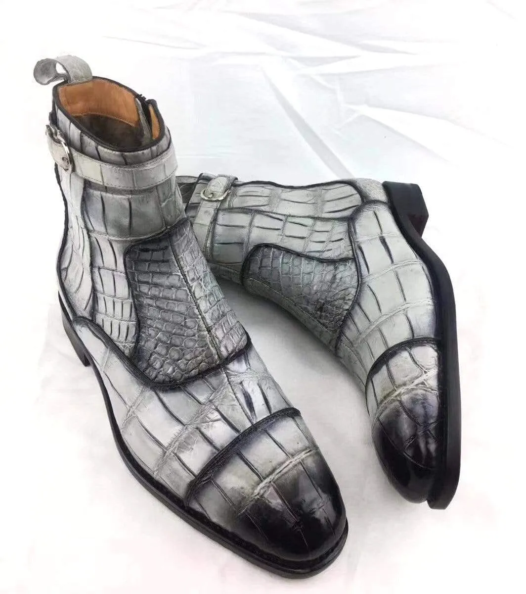 Crocodile Shoes Vintage Crocodile Belly Leather Short Booties Ankle Boots Winter Men's Martin Boots Shoes