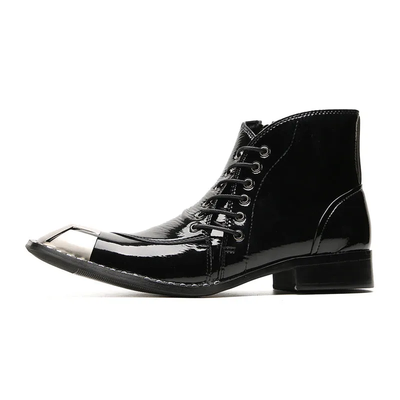 European and American cowhide business high-top leather shoes men's short boots British trend Martin boots pointed toe brogue carved men's boots