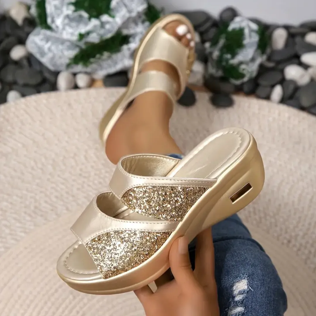 Fleekcomfy Glitter Arch Support Wedge Platform Sandals
