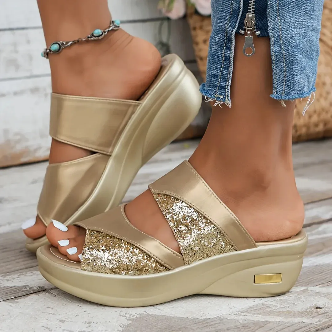Fleekcomfy Glitter Arch Support Wedge Platform Sandals