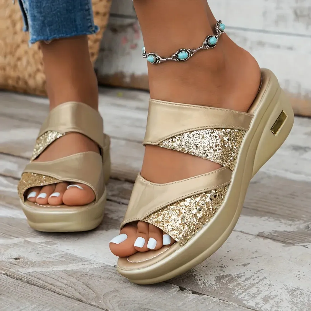 Fleekcomfy Glitter Arch Support Wedge Platform Sandals