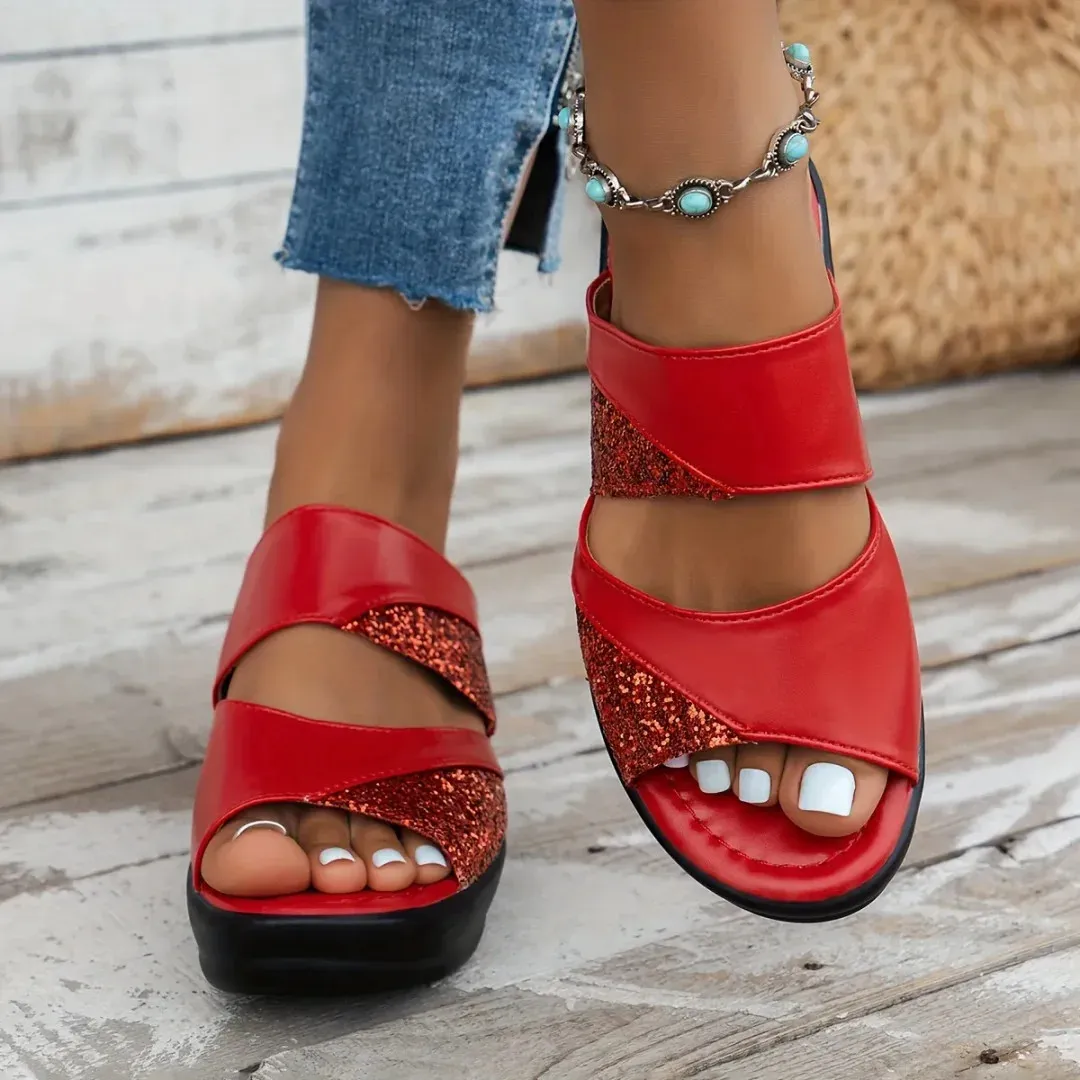 Fleekcomfy Glitter Arch Support Wedge Platform Sandals