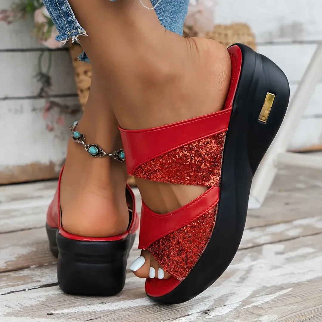 Fleekcomfy Glitter Arch Support Wedge Platform Sandals
