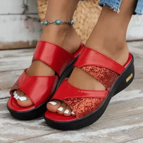 Fleekcomfy Glitter Arch Support Wedge Platform Sandals