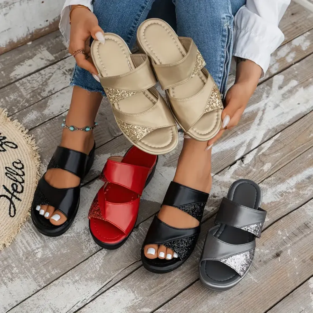Fleekcomfy Glitter Arch Support Wedge Platform Sandals