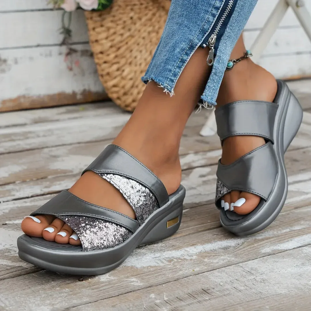 Fleekcomfy Glitter Arch Support Wedge Platform Sandals