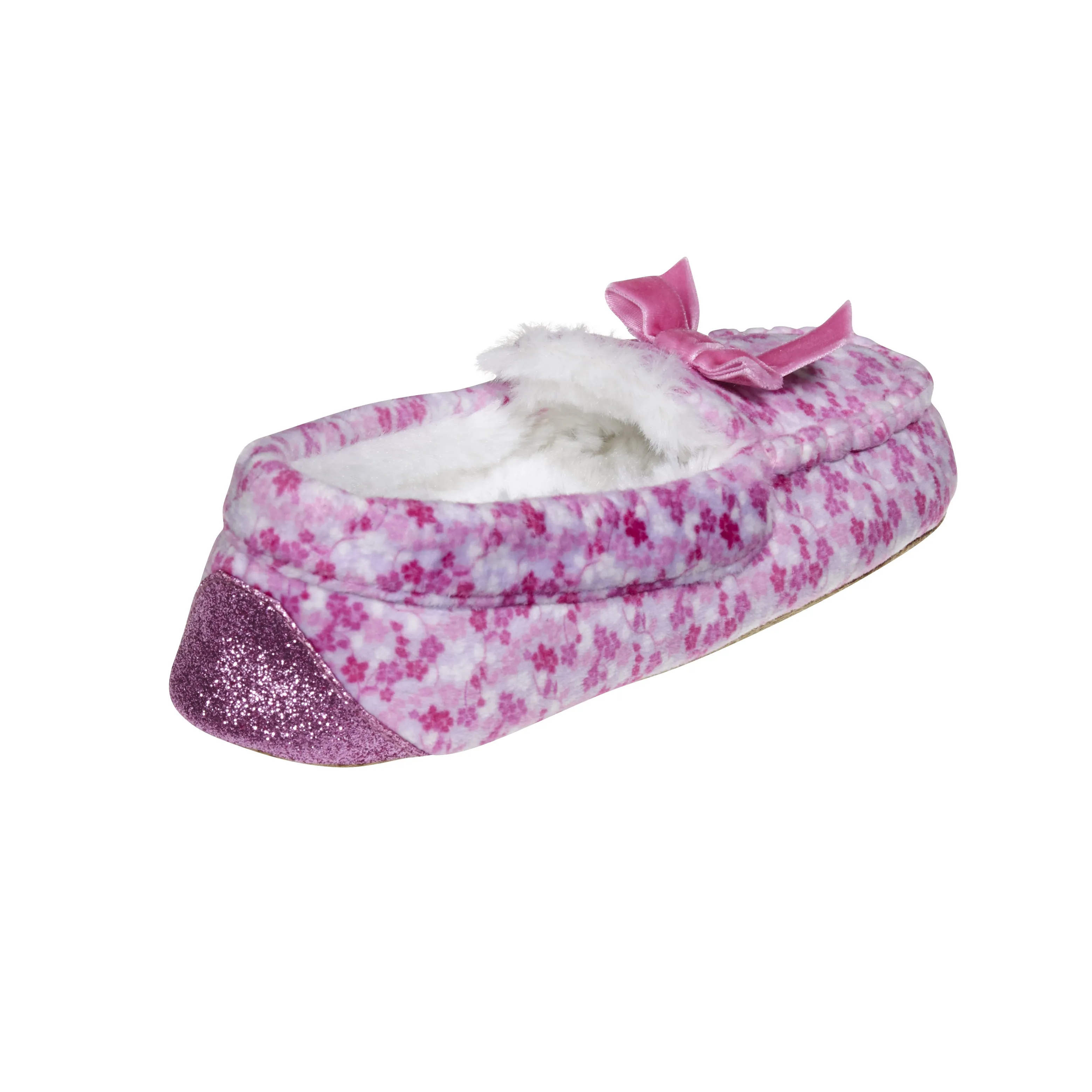 Laura Ashley Kids Girls Fleece Glitter and Bow Moccasins