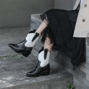 Leather Color Block Chunky Heel Point Toe Calf Boots