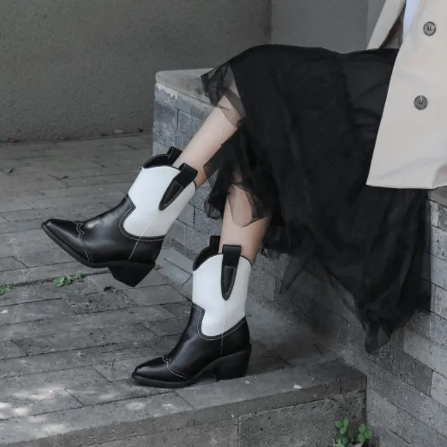 Leather Color Block Chunky Heel Point Toe Calf Boots