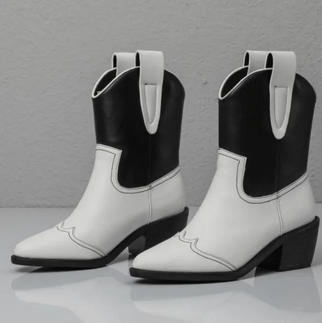 Leather Color Block Chunky Heel Point Toe Calf Boots