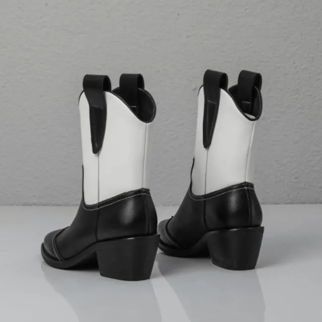 Leather Color Block Chunky Heel Point Toe Calf Boots