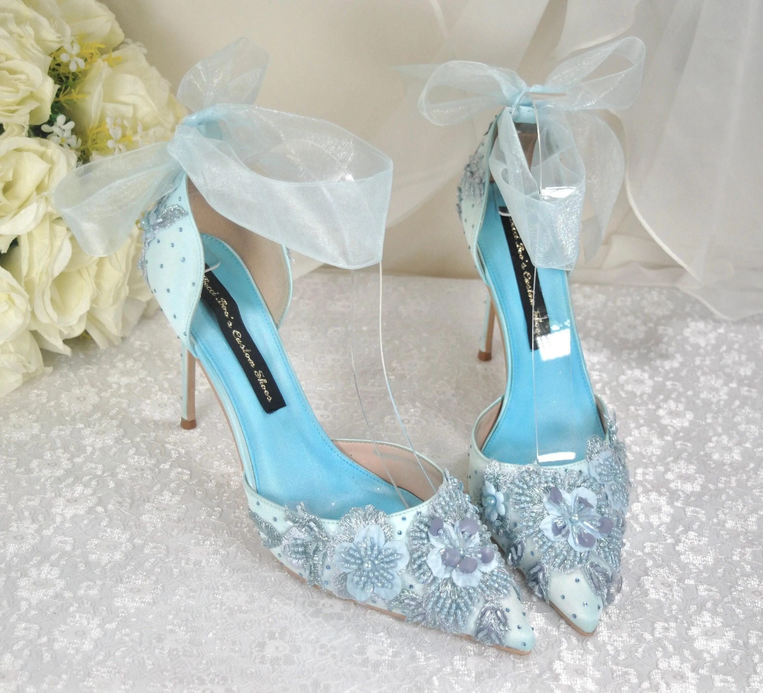 Light Blue Floral Beaded Heels Size UK8/US9.5