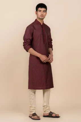 Maroon Jacquard Kurta Set With Top Stitch Detailing