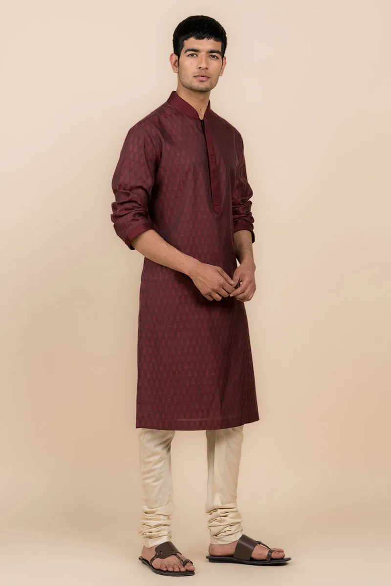 Maroon Jacquard Kurta Set With Top Stitch Detailing
