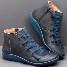New Women's Casual Flat Leather Retro Lace-up Boots Side Zipper Round Toe Shoe Leather Ankle Boots Zapatos Mujer Wram Botas