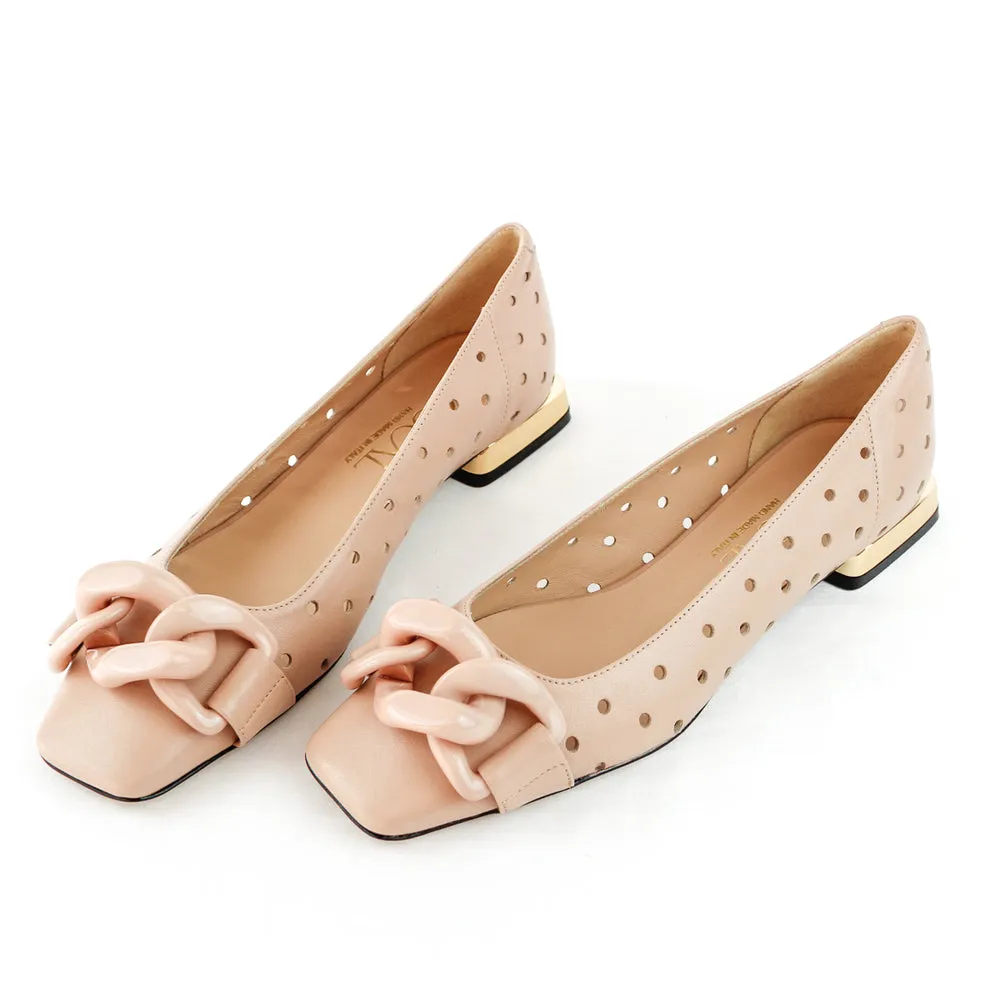 Perforated leather ballerina with chain accessory.