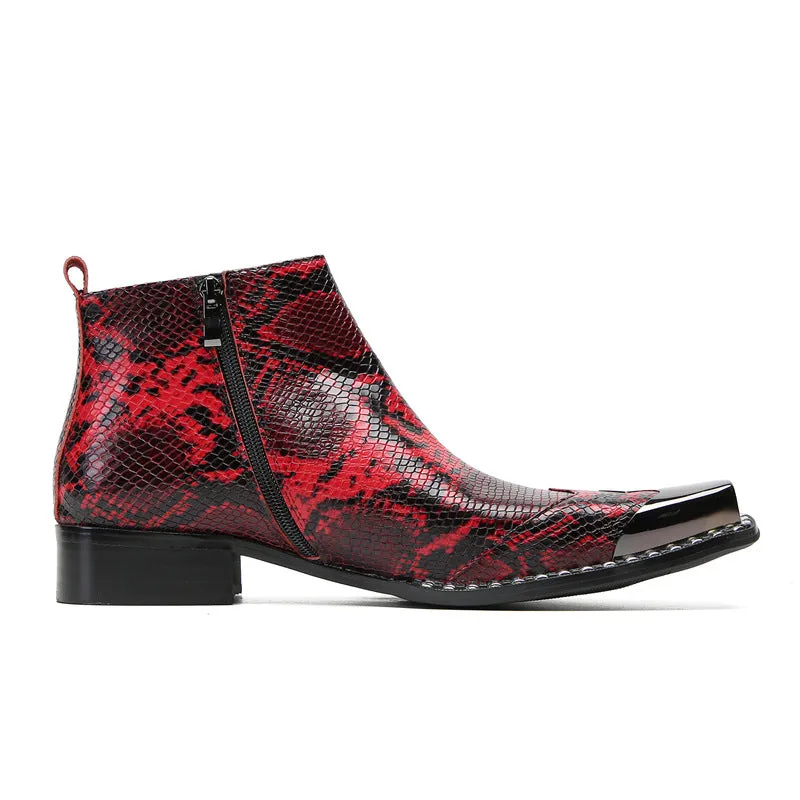 Red business Chelsea short boots for men, snakeskin pattern cowhide pointed toe high-top leather shoes, velvet warm formal leather boots
