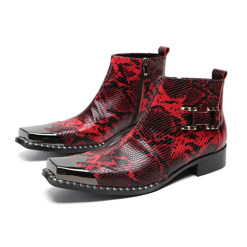 Red business Chelsea short boots for men, snakeskin pattern cowhide pointed toe high-top leather shoes, velvet warm formal leather boots