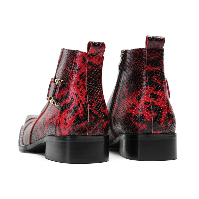 Red business Chelsea short boots for men, snakeskin pattern cowhide pointed toe high-top leather shoes, velvet warm formal leather boots