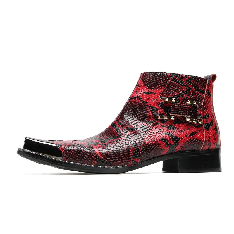 Red business Chelsea short boots for men, snakeskin pattern cowhide pointed toe high-top leather shoes, velvet warm formal leather boots