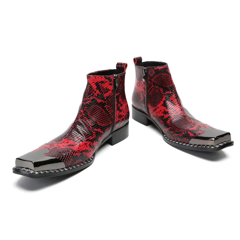 Red business Chelsea short boots for men, snakeskin pattern cowhide pointed toe high-top leather shoes, velvet warm formal leather boots