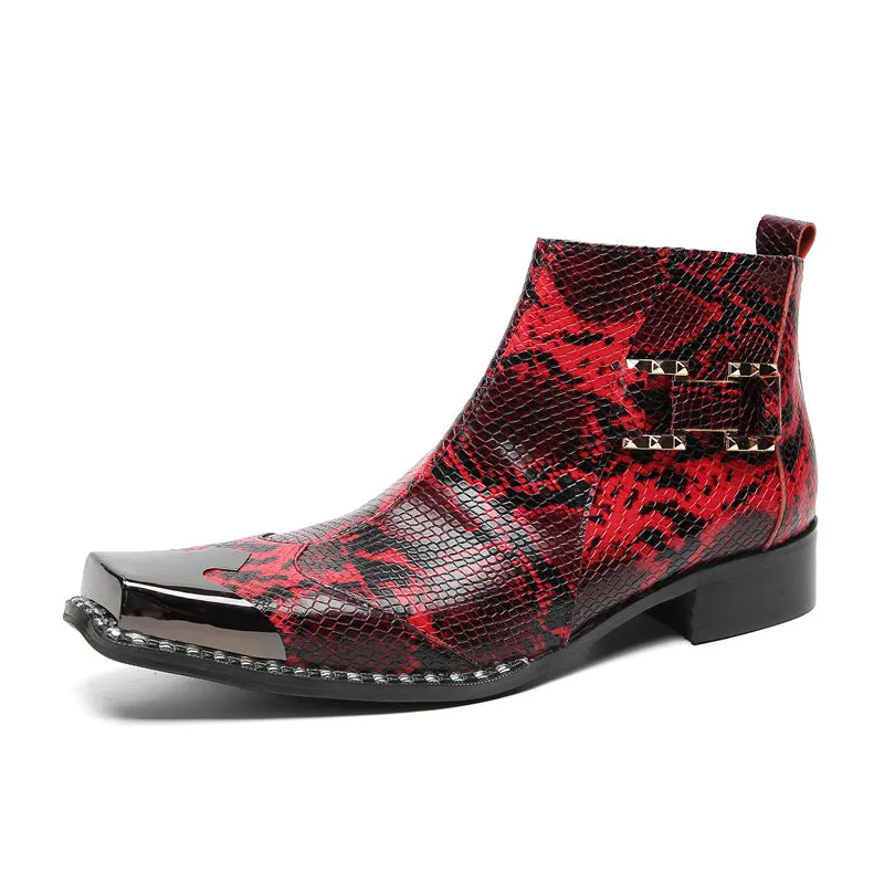 Red business Chelsea short boots for men, snakeskin pattern cowhide pointed toe high-top leather shoes, velvet warm formal leather boots