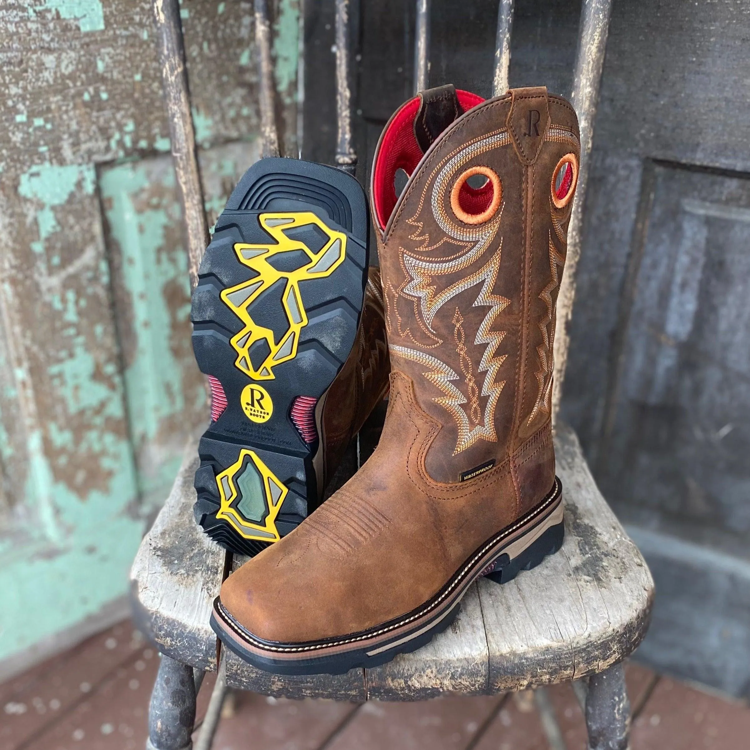 R.Watson Men's Hazel Bay Waterproof Square Toe Western Cowboy Work Boots RW1010WP
