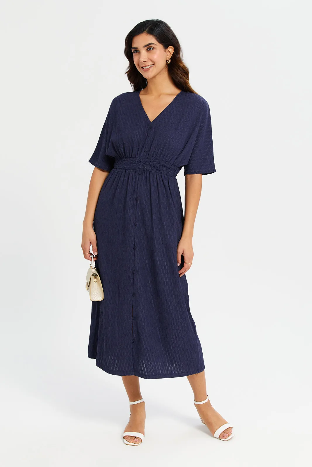 Women Navy Jacquard Midi Dress