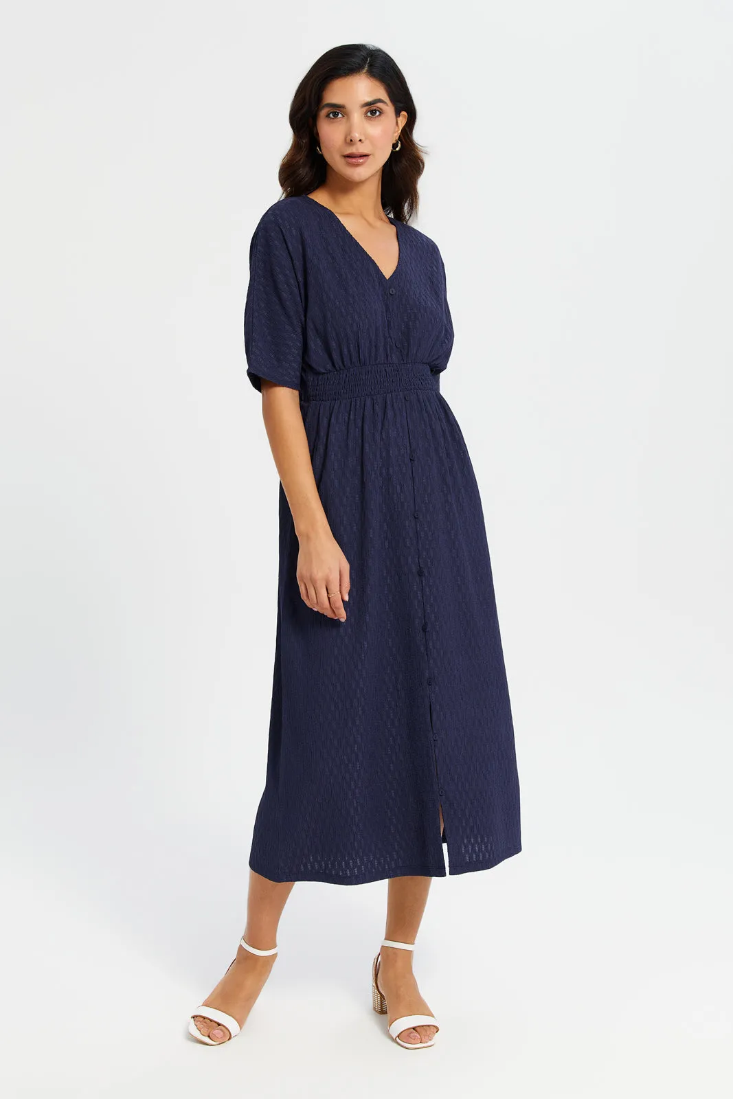 Women Navy Jacquard Midi Dress