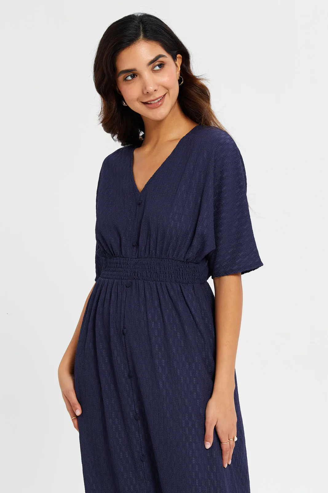Women Navy Jacquard Midi Dress