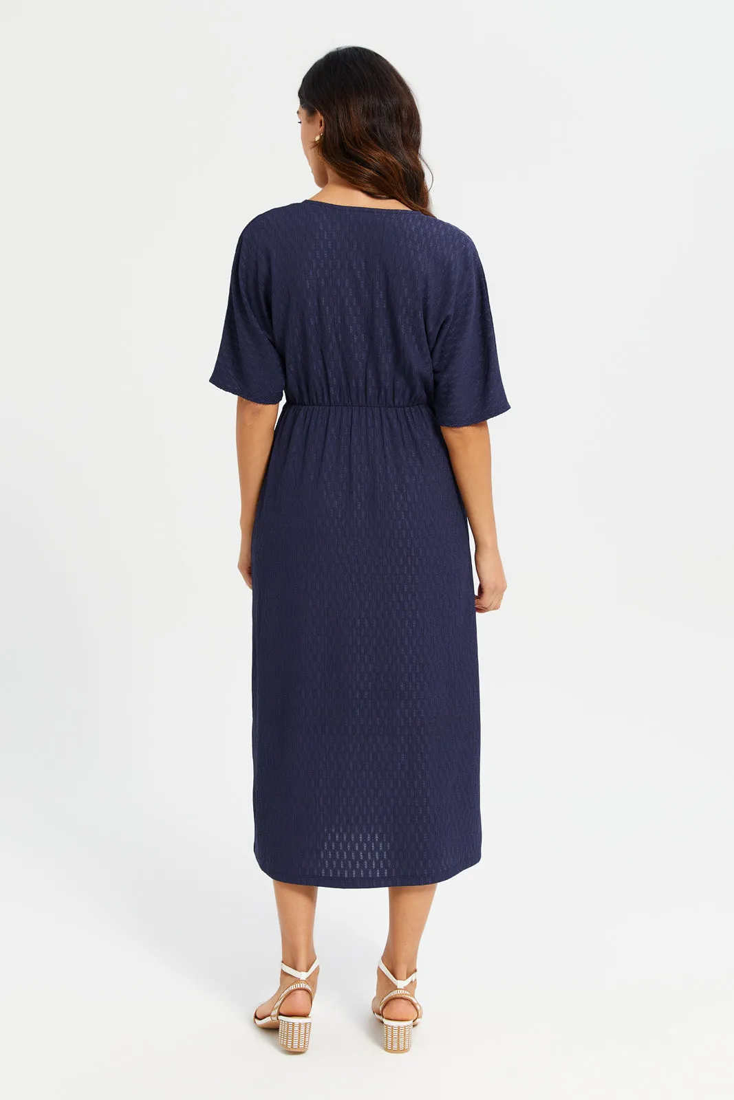 Women Navy Jacquard Midi Dress