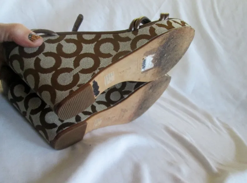 Womens COACH KINSEY Wedge Sandals High Heel 9 BROWN SIGNATURE JACQUARD