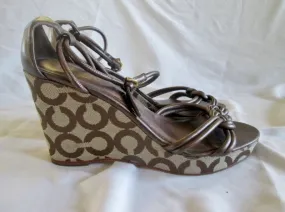 Womens COACH KINSEY Wedge Sandals High Heel 9 BROWN SIGNATURE JACQUARD