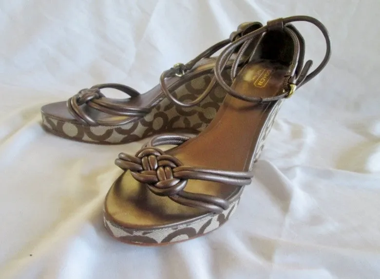Womens COACH KINSEY Wedge Sandals High Heel 9 BROWN SIGNATURE JACQUARD