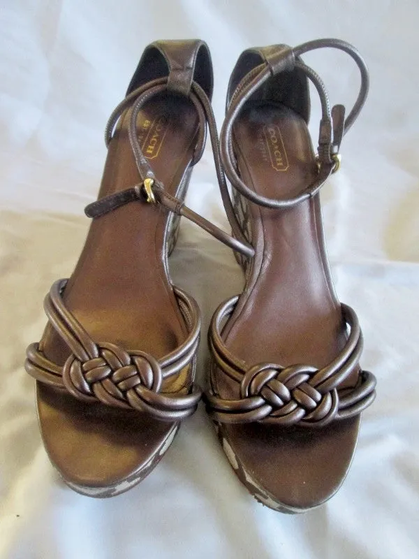 Womens COACH KINSEY Wedge Sandals High Heel 9 BROWN SIGNATURE JACQUARD